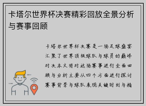 卡塔尔世界杯决赛精彩回放全景分析与赛事回顾